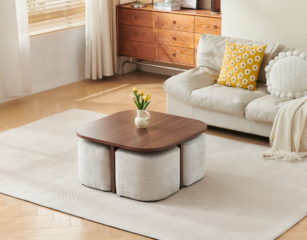 Table Basse Carrée 80 cm avec 4 Poufs Intégrés – Effet Noyer & Tissu Crémona