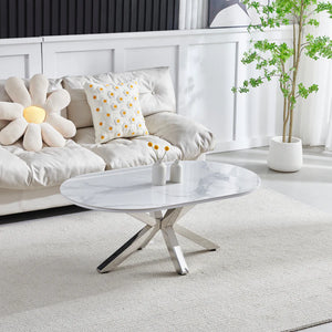 Table Basse Ophelia Ovale 120 cm – Effet Marbre Blanc & Pieds Dorés
