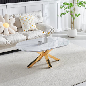 Table Basse Ophelia Ovale 120 cm – Effet Marbre Blanc & Pieds Dorés