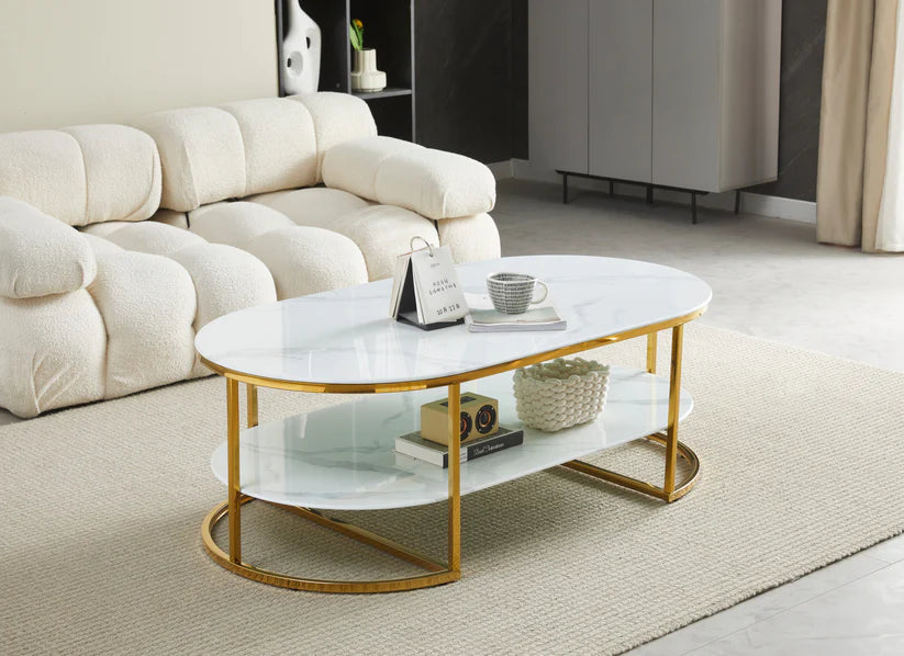 Table Basse Leila Dorée & Marbre Blanc – Design Élégant 130 cm