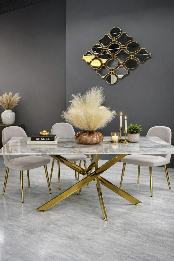 Table à Manger Olivia 180 cm – Verre Trempé Effet Marbre Blanc &amp; Pieds Dorés